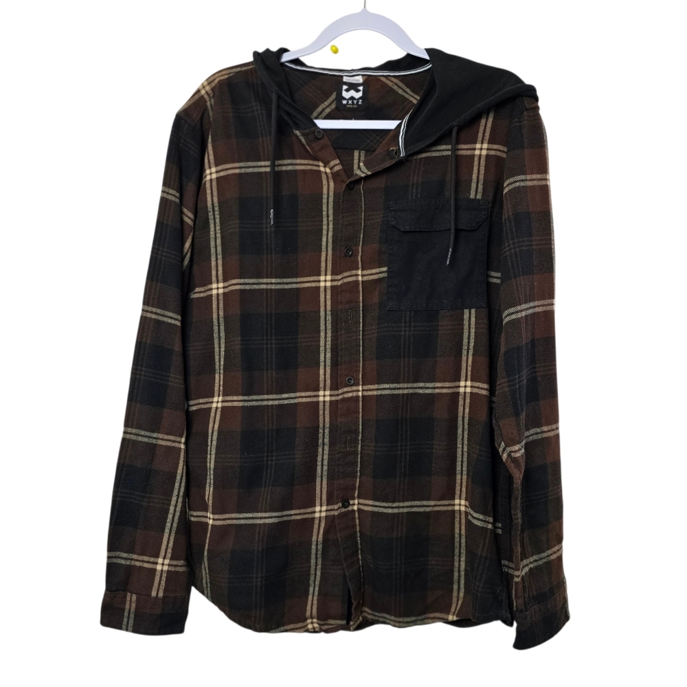 WXYZ Men’s Plaid Hooded Button-Down Shirt w/ Pockets – Size XL